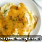 Overhead shot of mashed potatoes on white plate topped with gravy