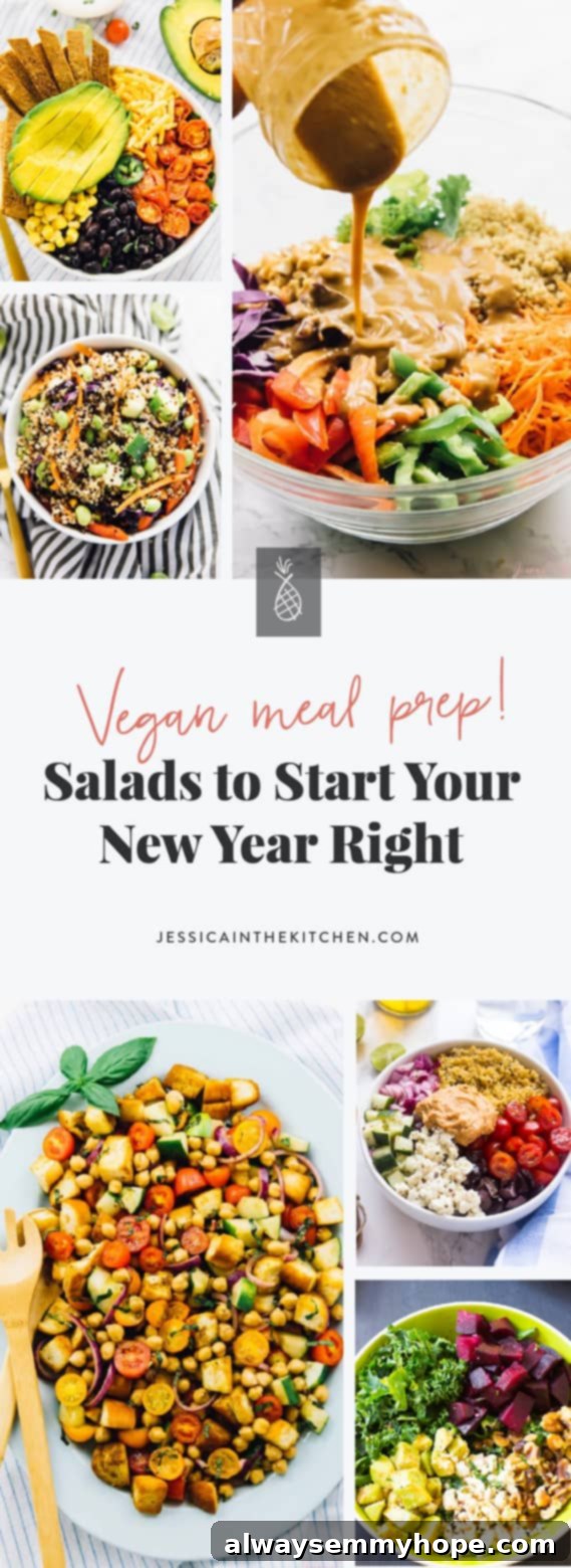 17 Smart Meal Prep Salads to Kickstart Your New Year 2 A collection of diverse vegan meal prep salads displayed appealingly, perfect for healthy eating inspiration and a fresh start to the New Year.