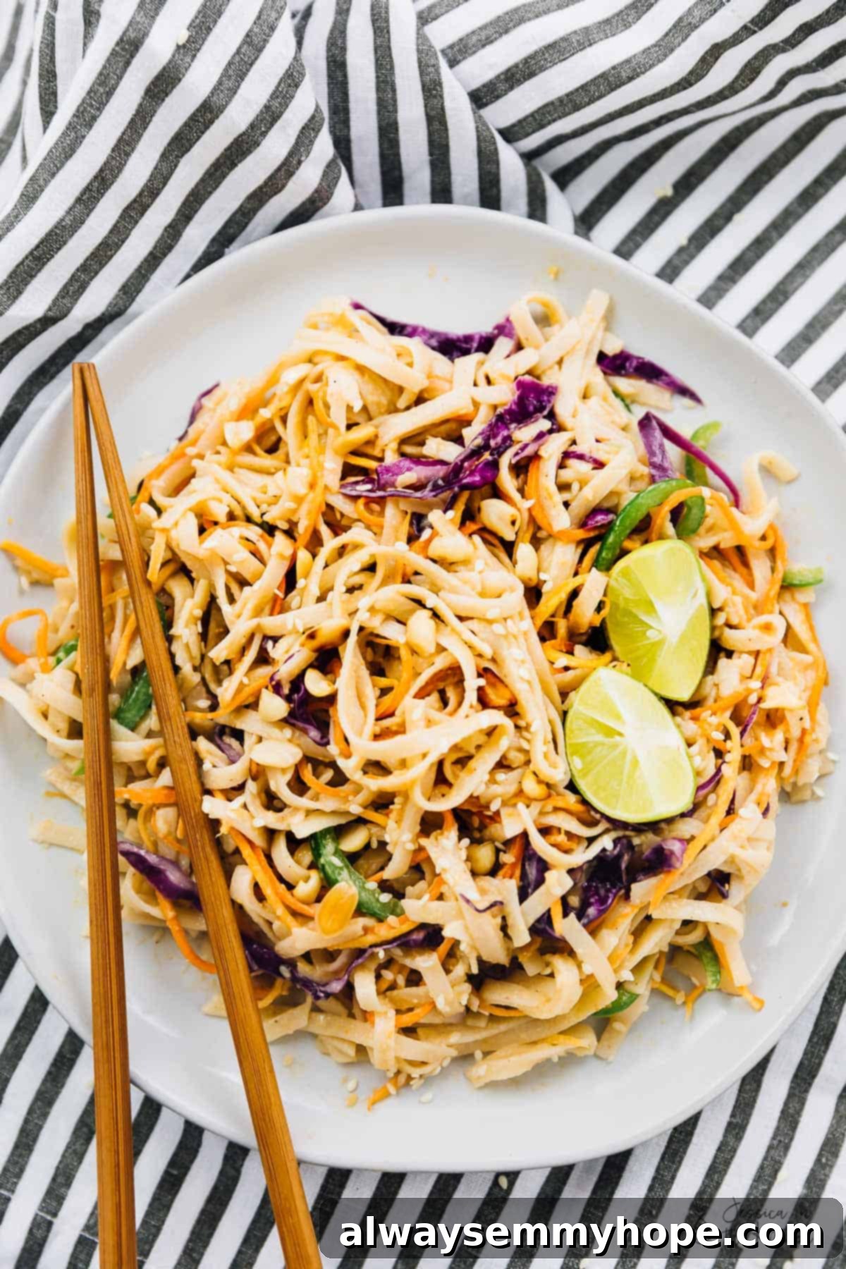 17 Smart Meal Prep Salads to Kickstart Your New Year 8 Top-down view of a vibrant Asian noodle salad, generously tossed in a rich, flavorful peanut ginger sauce, with elegant chopsticks resting on the side, ready for enjoyment.