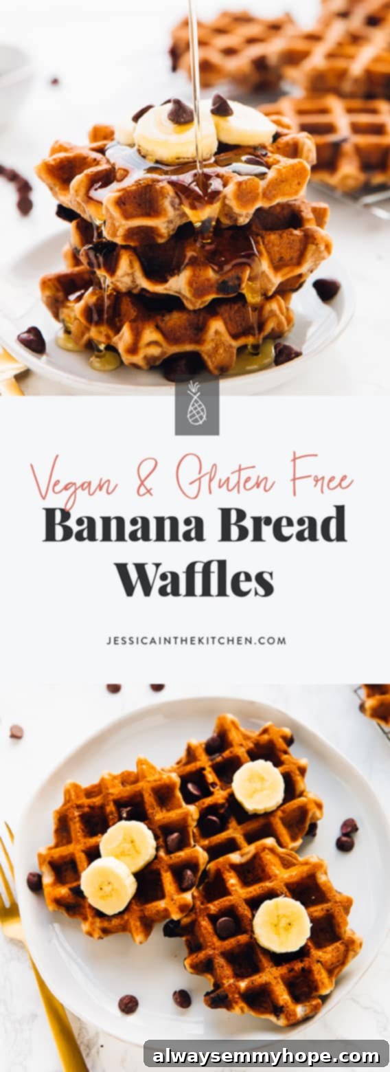 A vibrant social media graphic promoting healthy, gluten-free, and meal-preppable banana bread waffles as a dessert-like breakfast.