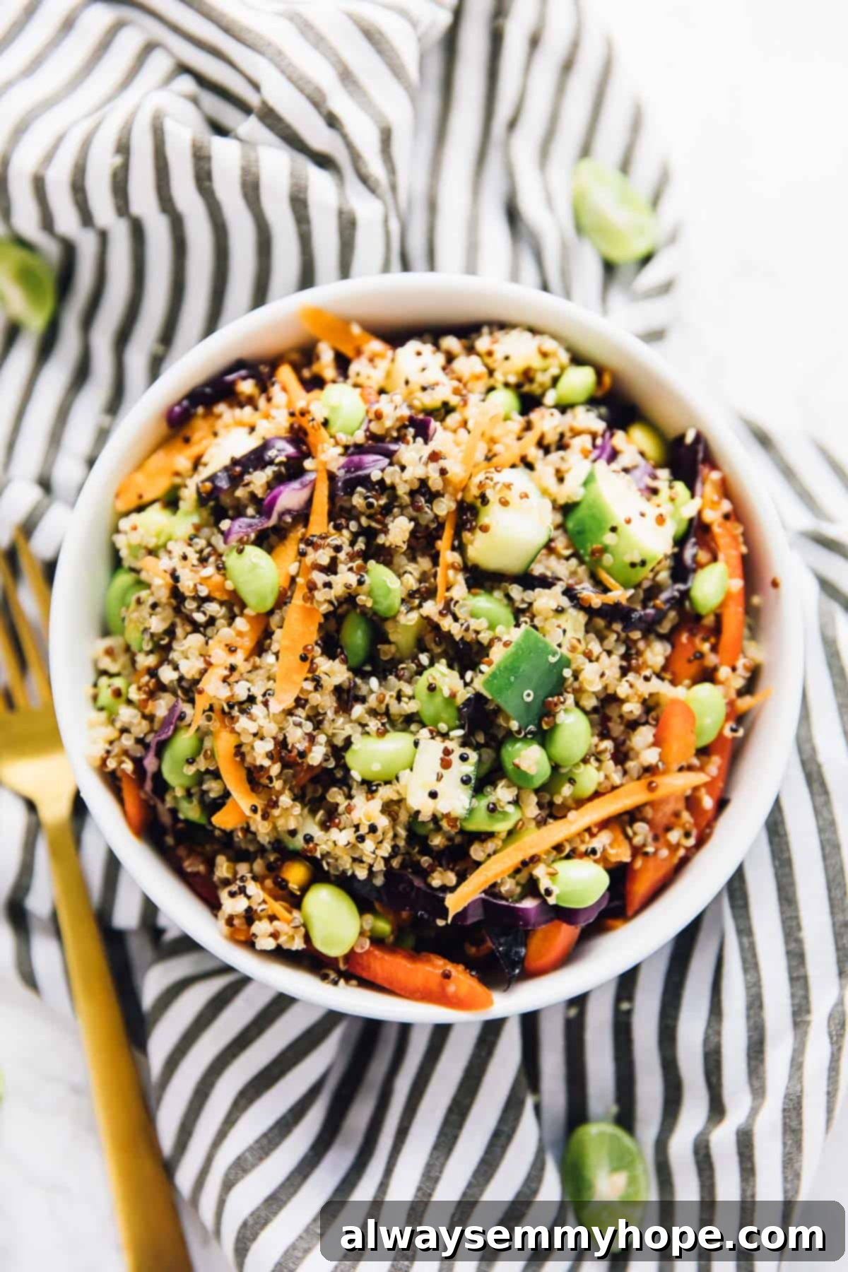 10 Quick & Easy Vegan Fakeaway Recipes 9 Overhead view of quinoa salad in a bowl, with a gold fork on the side for a roundup on Vegan Takeout Recipes.