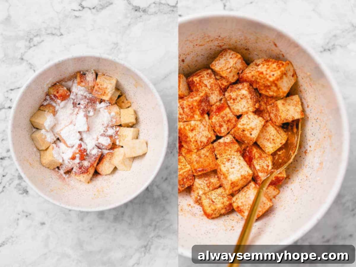 Combining Tofu and Marinade Ingredients mixing of tofu seasoning ingredients