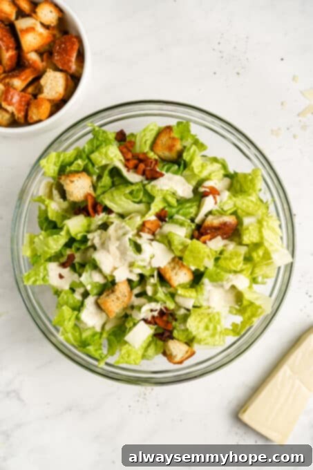 Vegan Caesar salad is perfect as a quick side dish or a light dinner! It’s made with a tangy dressing, crunchy croutons, and crisp lettuce. A vibrant vegan Caesar salad in a large serving bowl, fully assembled with dressing, golden croutons, and vegan bacon bits, ready to be enjoyed.