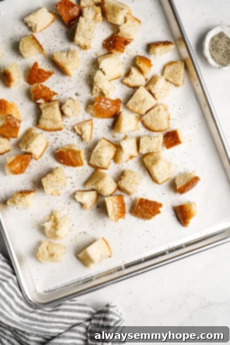 Vegan Caesar salad is perfect as a quick side dish or a light dinner! It’s made with a tangy dressing, crunchy croutons, and crisp lettuce. Torn sourdough bread pieces arranged on a baking sheet, ready for seasoning and baking into crunchy croutons.