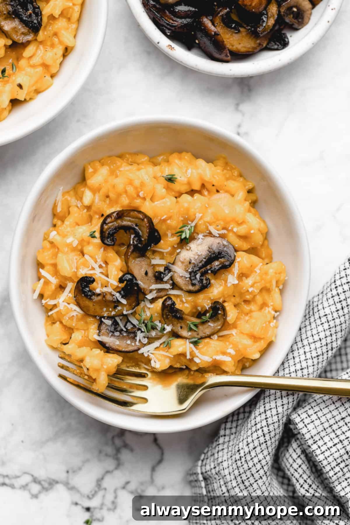 Vegan risotto in a bowl with mushrooms.