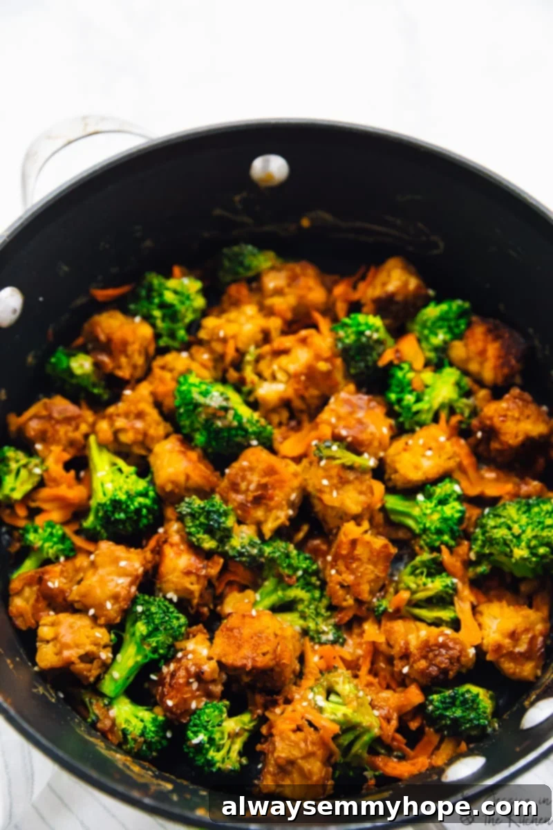 Zesty Peanut Ginger Tempeh Stir Fry 3 Overhead shot of tempeh stir fry in a black skillet.