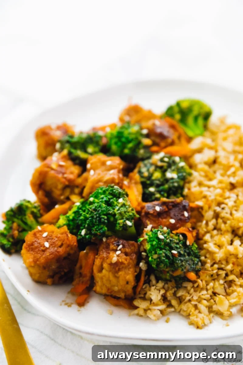 Zesty Peanut Ginger Tempeh Stir Fry 4 Close up of tempeh stir fry on a white plate.