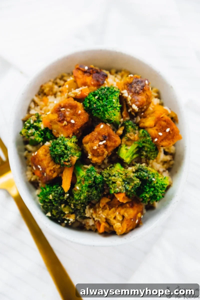 Zesty Peanut Ginger Tempeh Stir Fry 5 Overhead shot of tempeh stir fry with broccoli in a bowl.