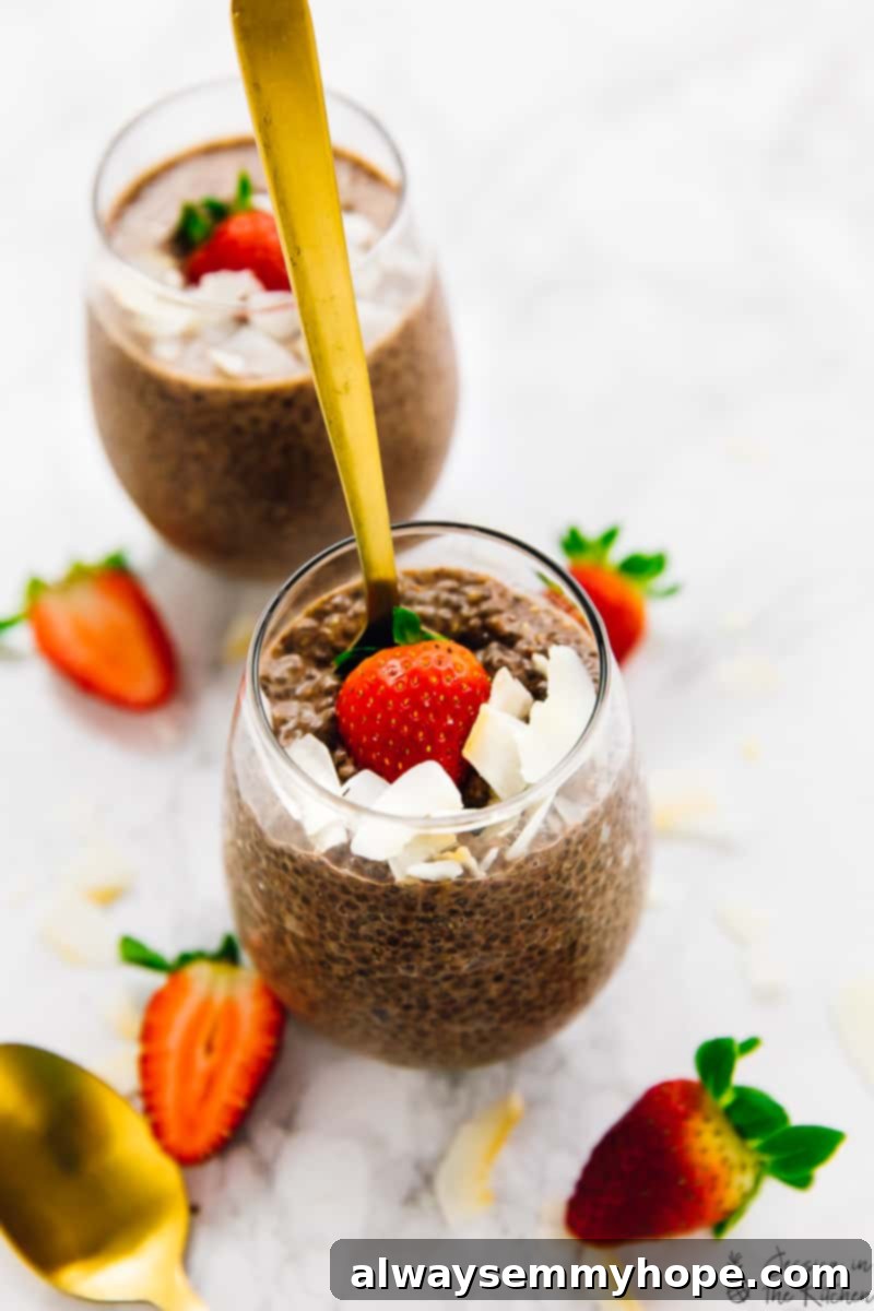Velvet Chocolate Chia Bliss 6 Two glasses of chocolate chia pudding, topped with coconut flakes and fresh strawberries.