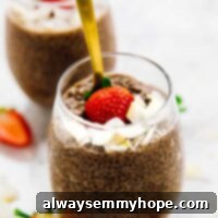 Velvet Chocolate Chia Bliss 8 A spoon sticking into a glass of chocolate chia pudding.