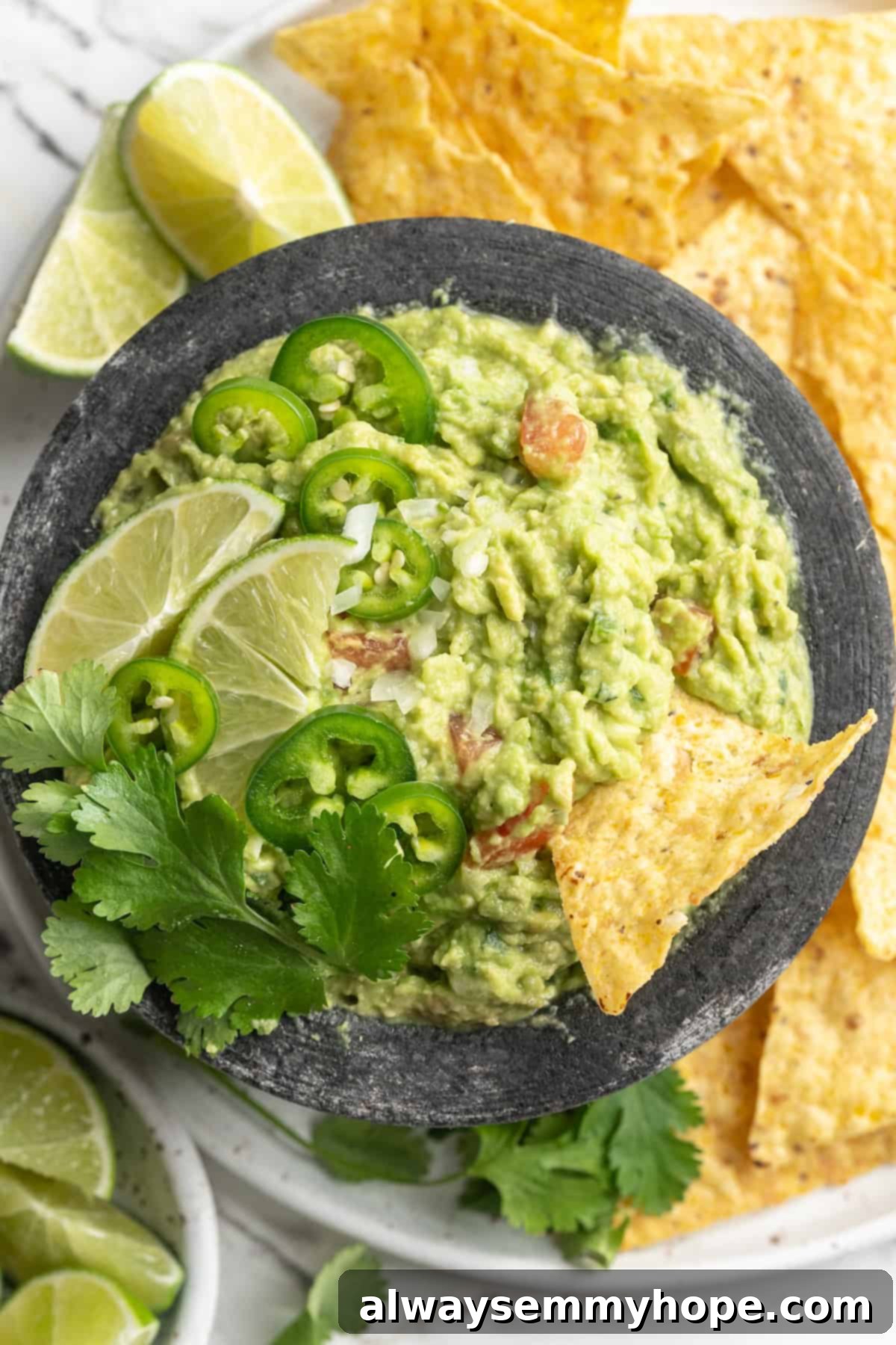 This easy guacamole recipe is the ultimate crowd pleaser! It’s incredibly fresh and flavourful, and it takes just 15 minutes to make. Overhead view of homemade guacamole in a rustic bowl surrounded by crispy tortilla chips, ready to serve
