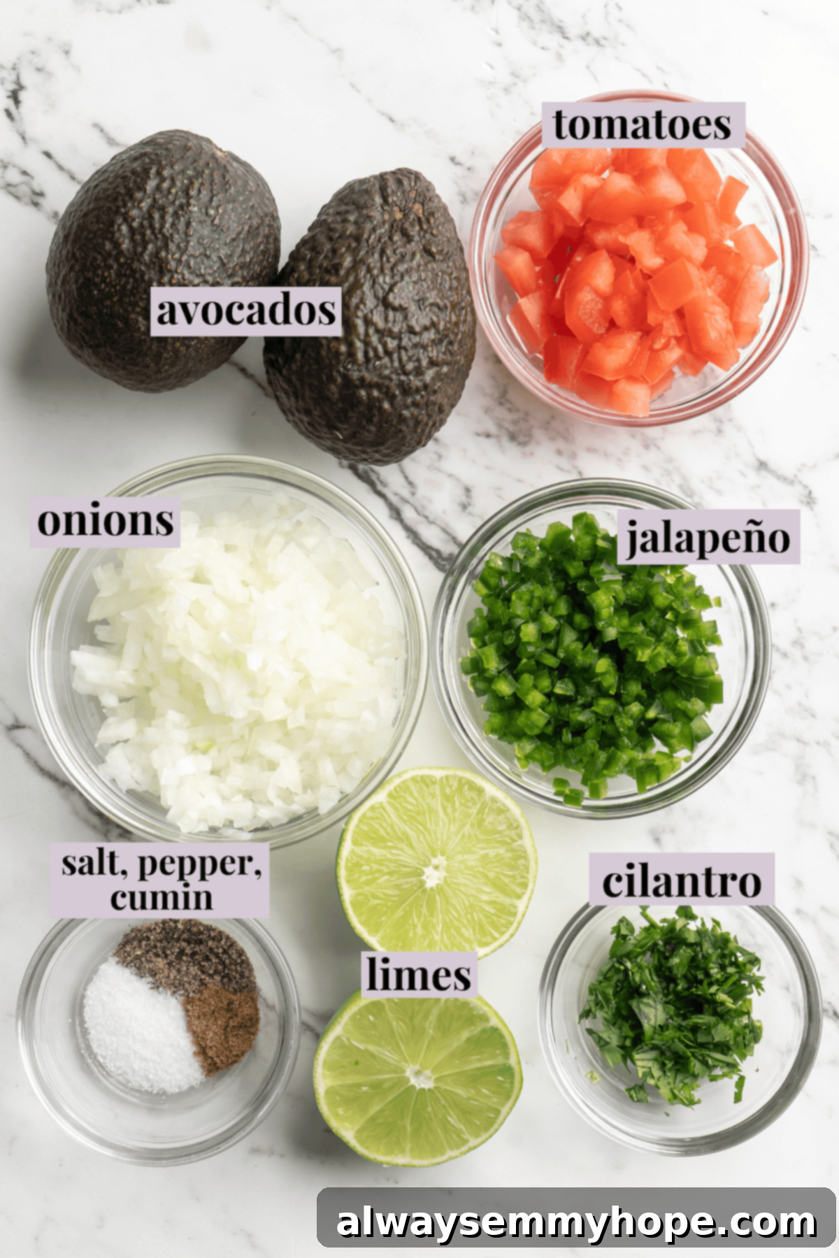 This easy guacamole recipe is the ultimate crowd pleaser! It’s incredibly fresh and flavourful, and it takes just 15 minutes to make. Overhead view of fresh ingredients for easy guacamole, including ripe avocados, tomatoes, jalapeño, lime, cilantro, and red onion