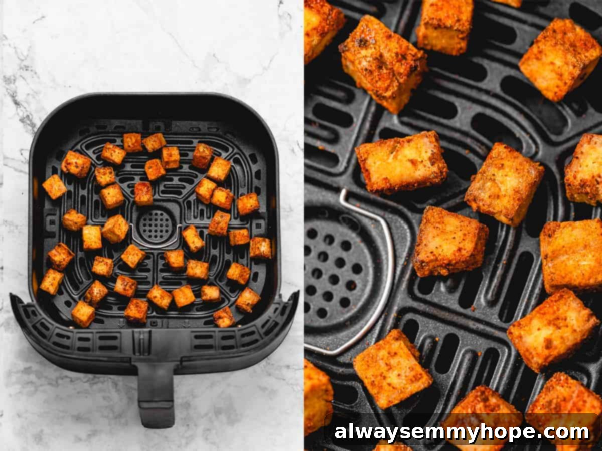 cooked air fryer tofu on air fryer tray side by side