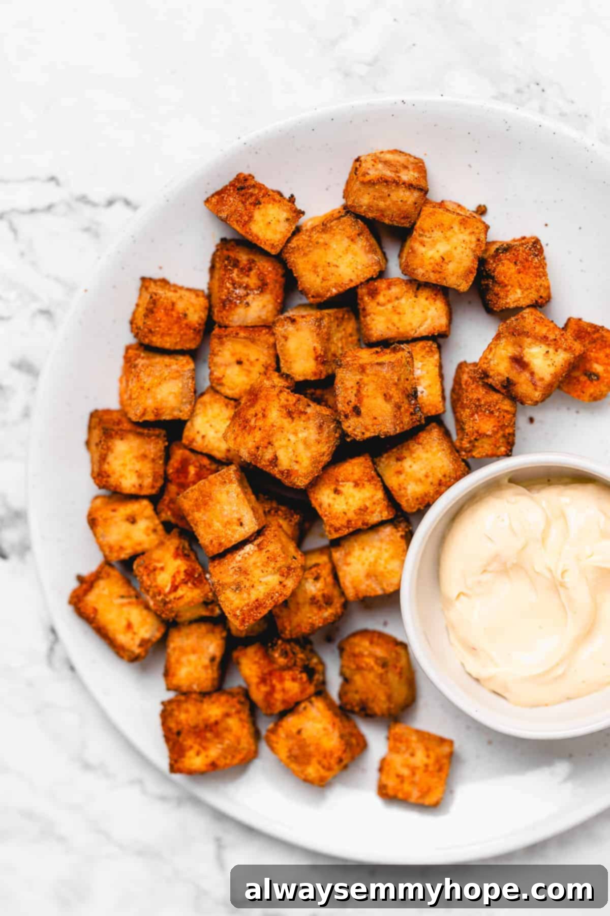 air fryer tofu on a plate with sauce