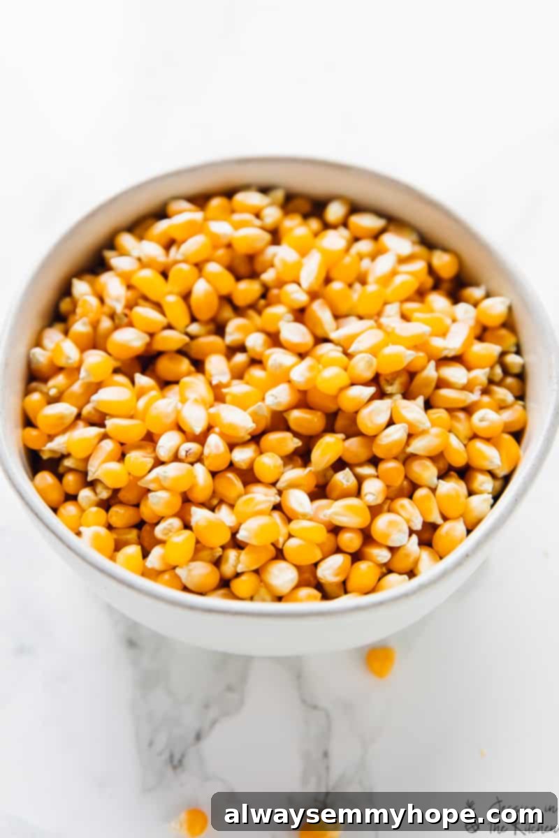 A bowl of organic unpopped corn kernels, showcasing their fresh quality.