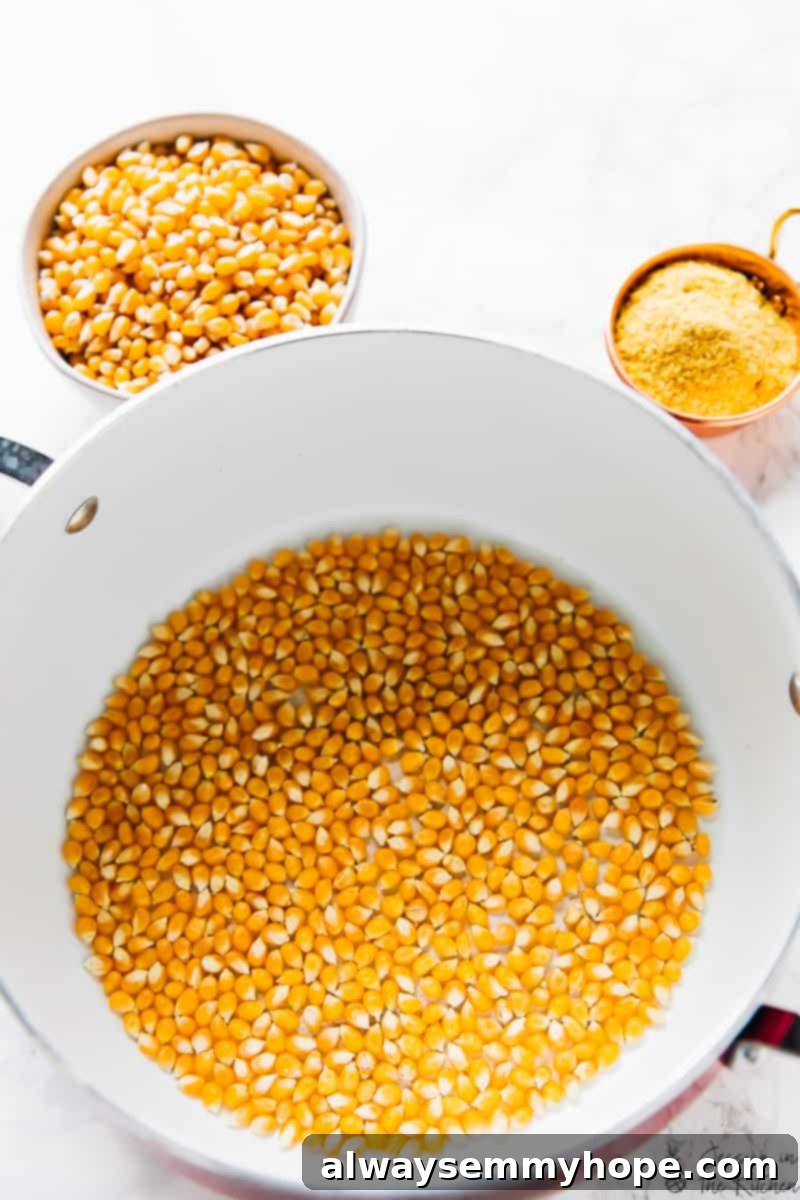 A large pot with popcorn kernels and oil, alongside a bowl of kernels and nutritional yeast for cheesy vegan seasoning.