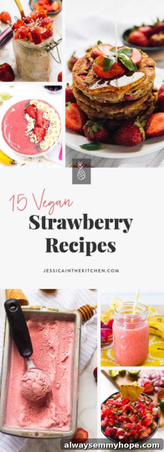 Pinterest pin featuring a variety of delicious vegan strawberry recipes for summer, showcasing vibrant dishes.