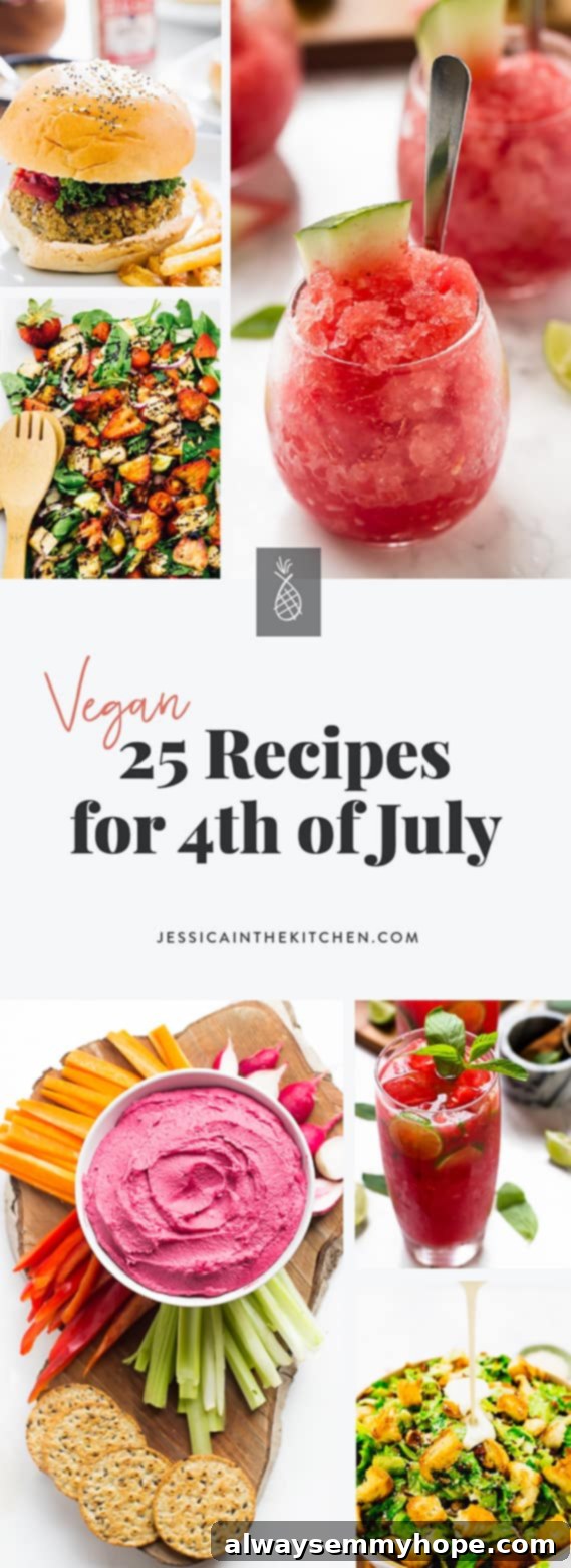 Collage of vegan 4th of july recipes being a burger, salad, granita, beet hummus, mojitos and another salad.