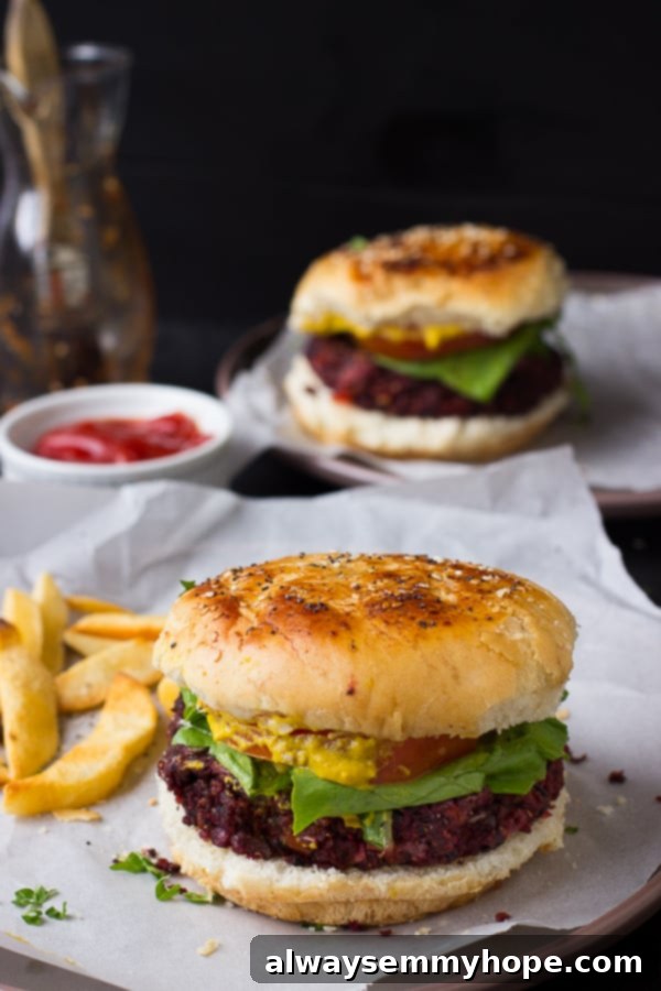 Two vegan quinoa beet burgers on a parchment. 