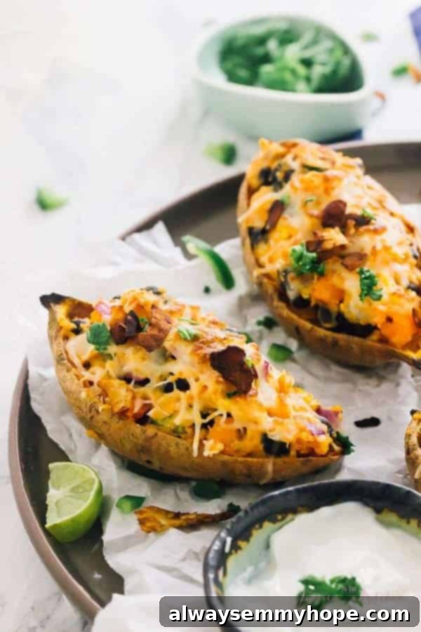 Loaded sweet potato skins on parchment paper. 