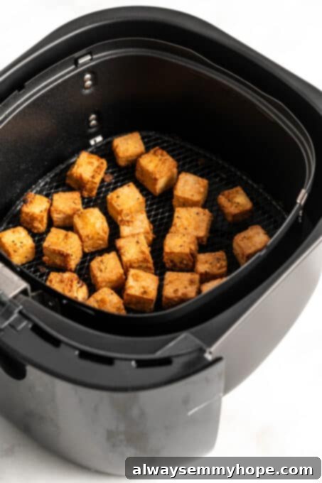 Cubed, seasoned tofu neatly arranged in a single layer within an air fryer basket, ready for cooking.
