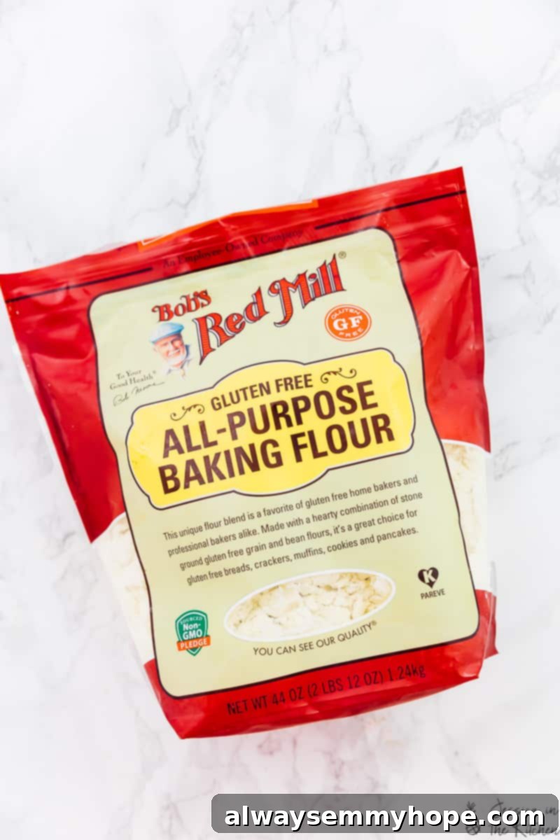 Keto Plant-Powered Waffles 3 A vibrant red and white bag of Bob's Red Mill All-Purpose Baking Flour, a key ingredient for gluten-free baking.