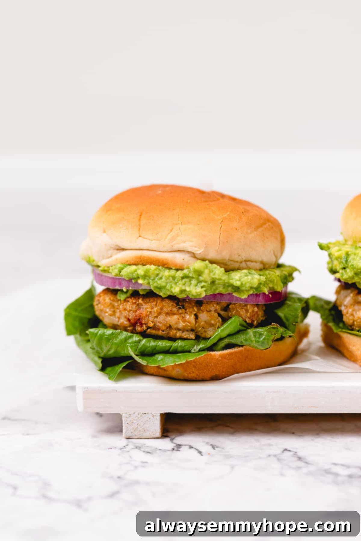 Two golden brown veggie burgers with avocado, red onion, and lettuce on fluffy vegan buns, showcasing a perfectly cooked patty.