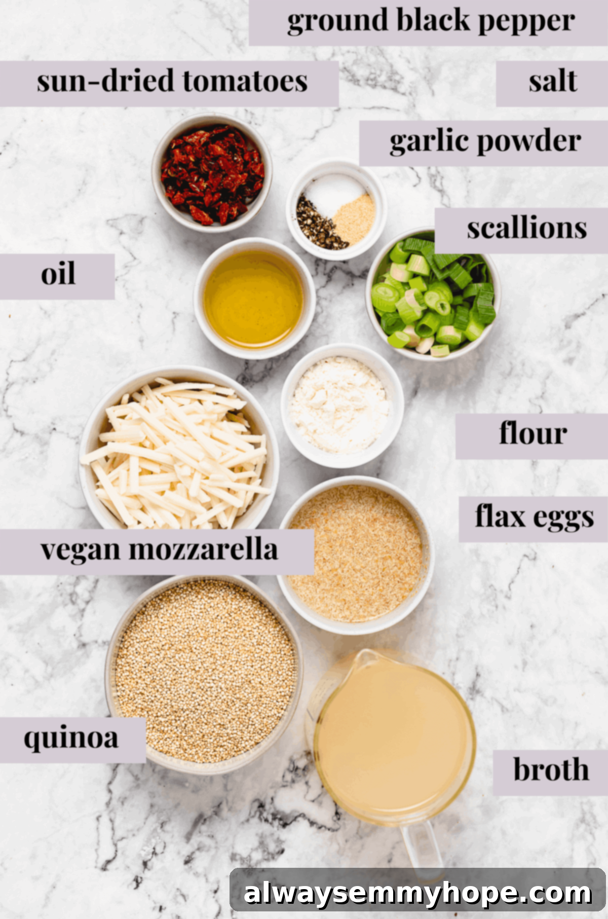 Bowls of perfectly cooked quinoa, flax eggs mixture, all-purpose flour, freshly sliced scallions, and a variety of seasonings laid out for vegan veggie burgers preparation.