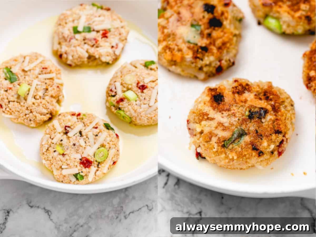 A series of images showing the shaping and pan-frying process of vegan quinoa burgers, from raw patties to golden brown cooked burgers in a skillet.