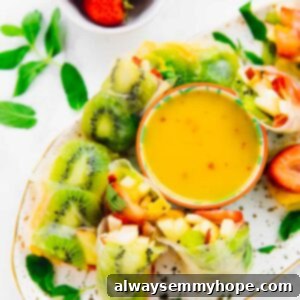 Tropical Fruit Spring Rolls with Sunshine Mango Dip 7 Top down view of fruit spring rolls on a platter.