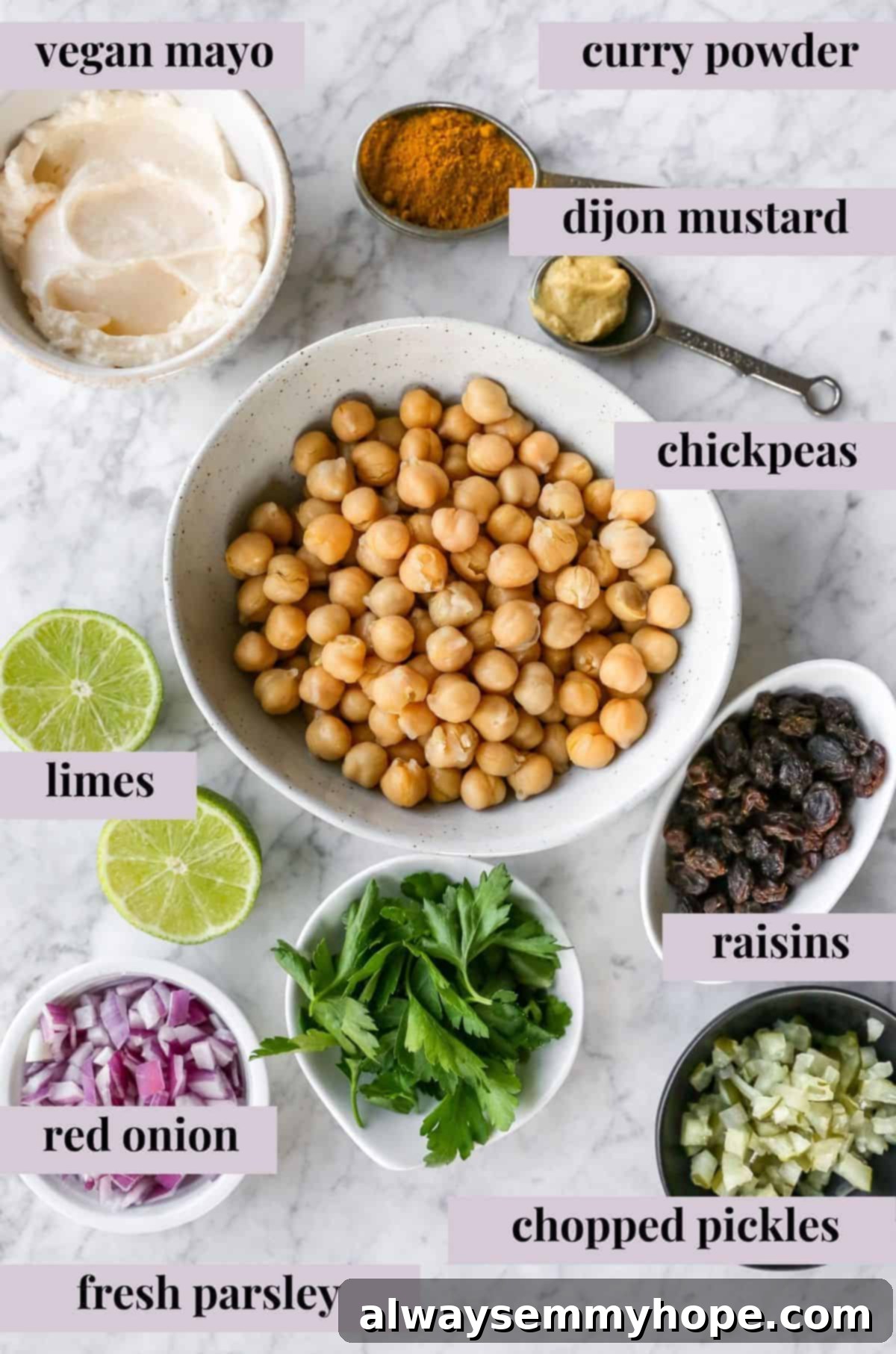 assortment of vegan curried chickpea salad ingredients neatly arranged with descriptive text overlays