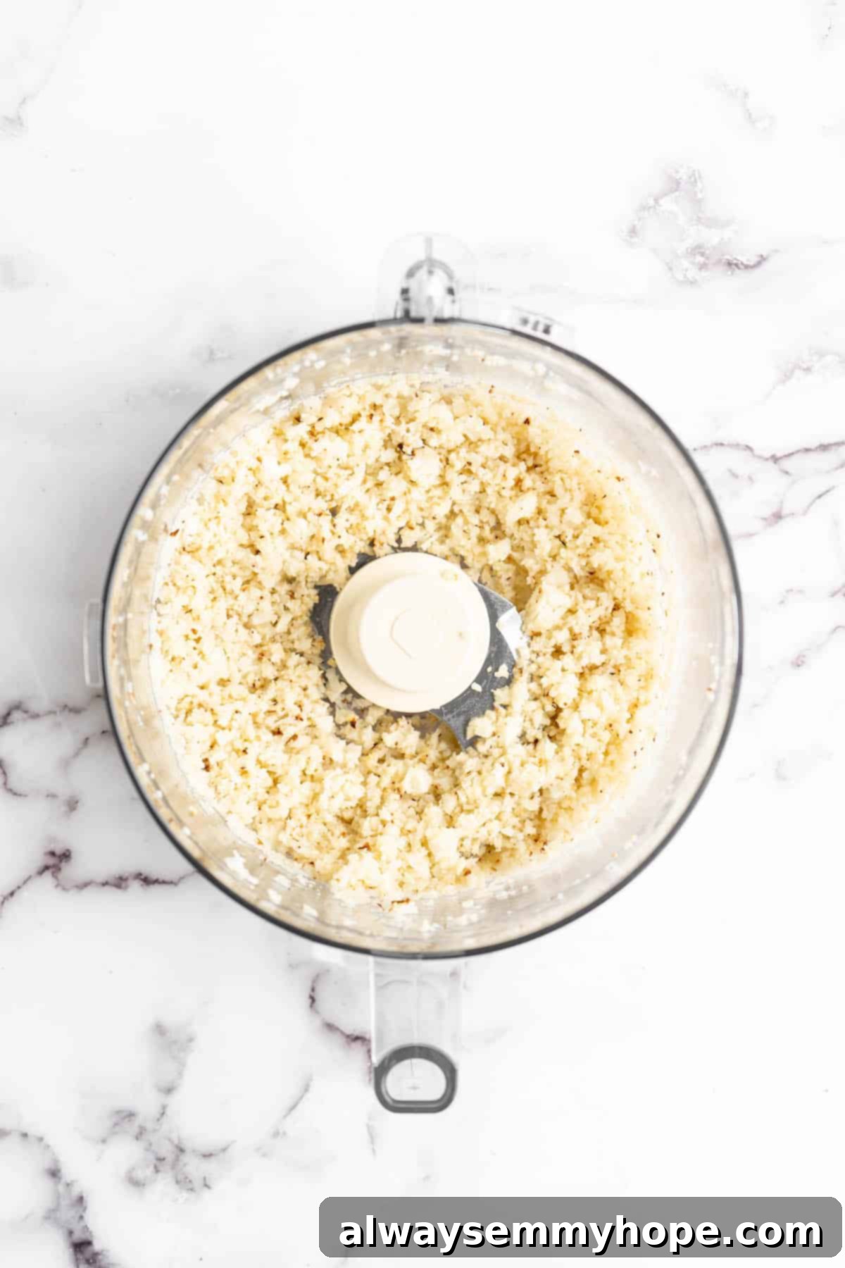 Plant-Powered Spaghetti & Meatballs 7 Overhead view of riced cauliflower in food processor