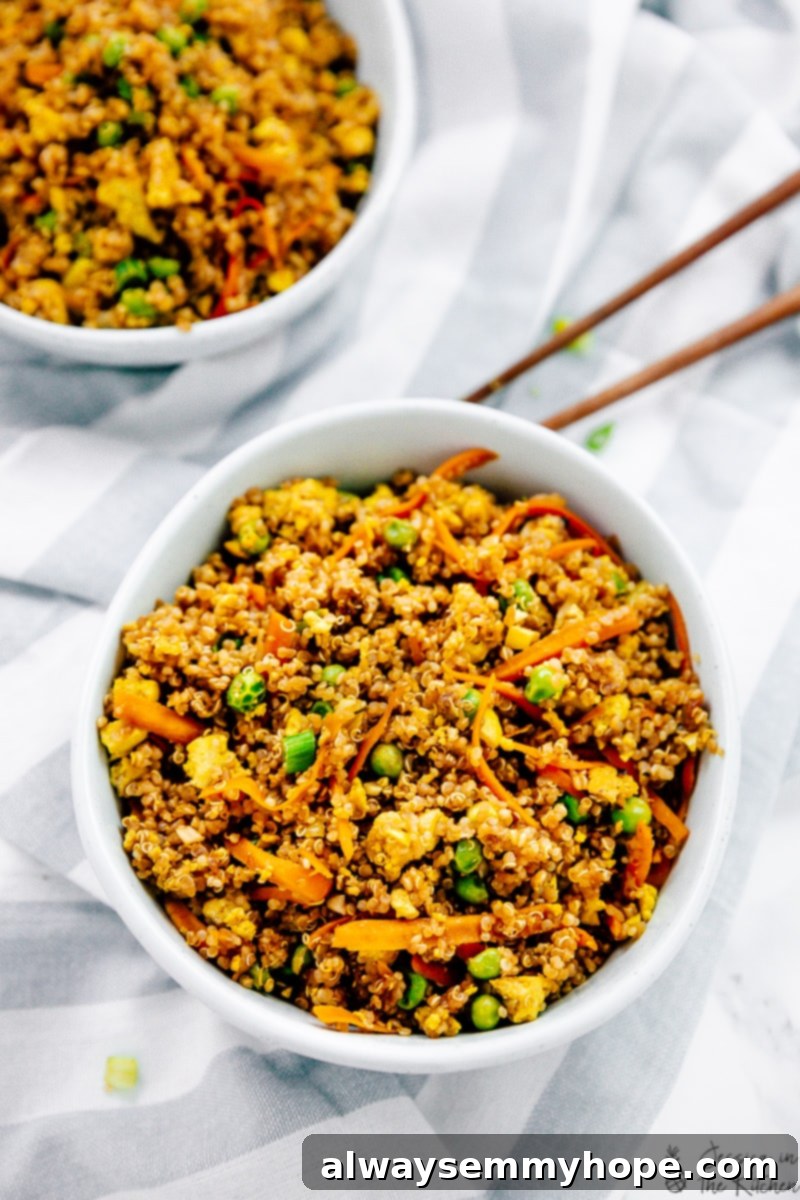 Overhead view of two bowls of vegan quinoa fried rice, garnished with fresh green onions