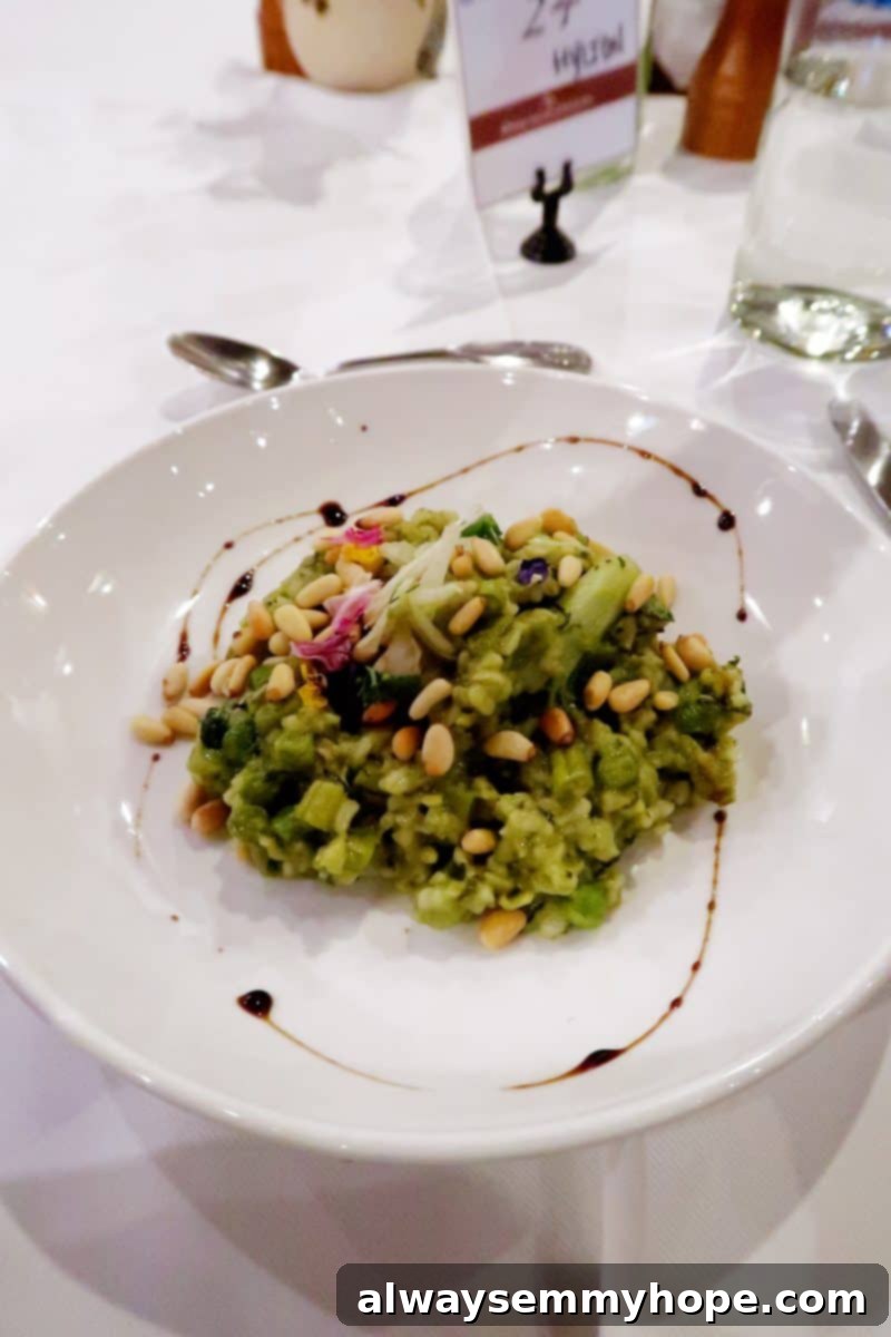 Overhead view of risotto on a large white plate at Rancho La Puerta.