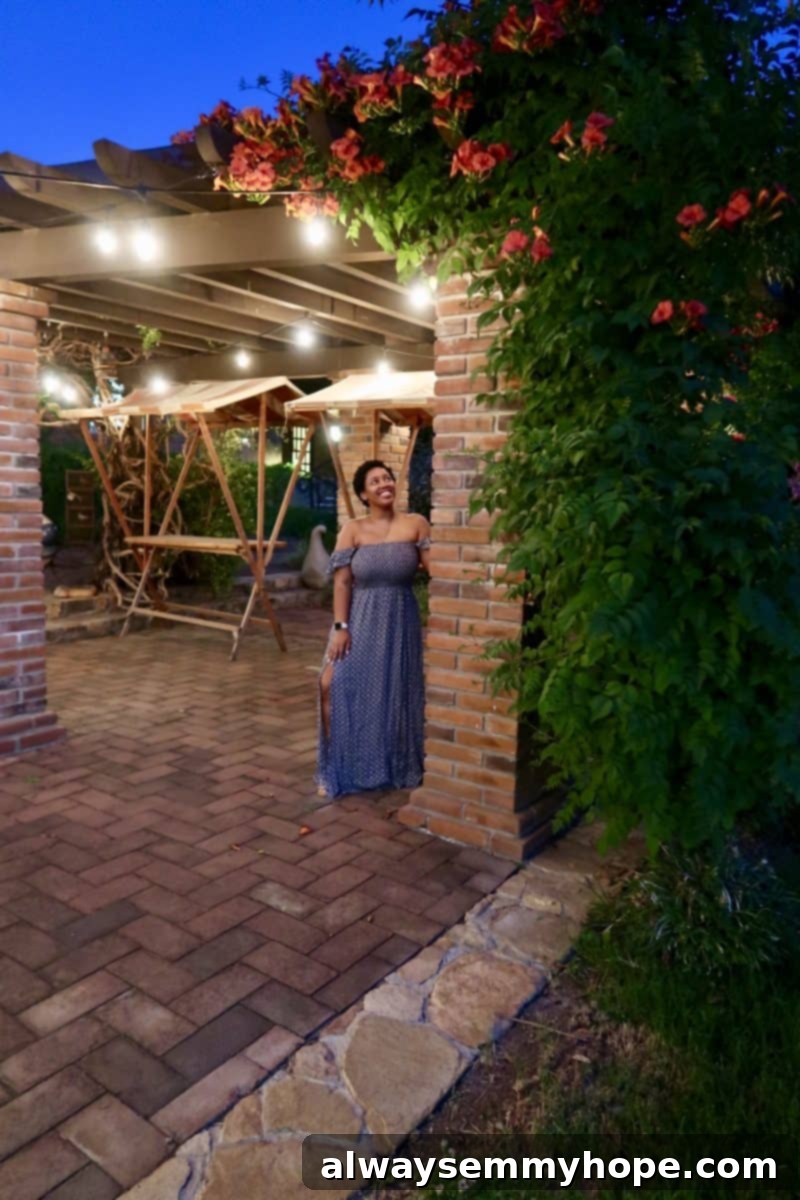Jessica in a gazebo at night at Rancho La Puerta.