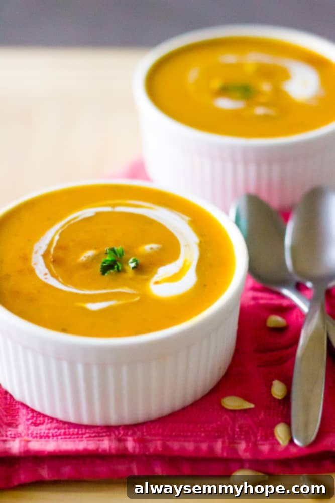 15 Irresistible Vegan Pumpkin Recipes for Fall 11 Two ramekins of creamy vegan pumpkin soup garnished with fresh herbs.