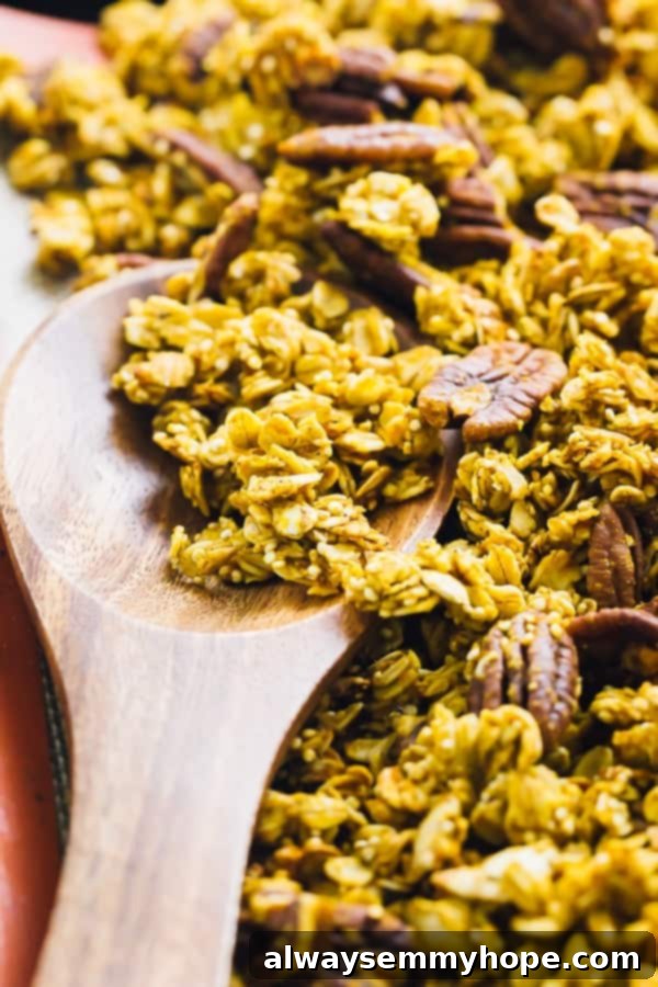 15 Irresistible Vegan Pumpkin Recipes for Fall 14 Pumpkin spice granola on a wooden spoon, with more granola in a bowl.