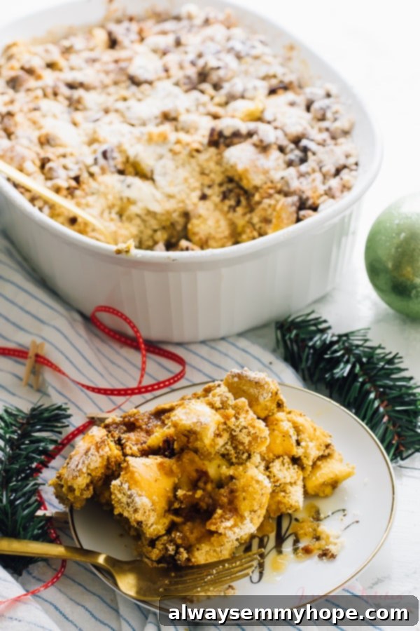 15 Irresistible Vegan Pumpkin Recipes for Fall 15 A portion of overnight vegan french toast casserole on a plate and in a baking dish.