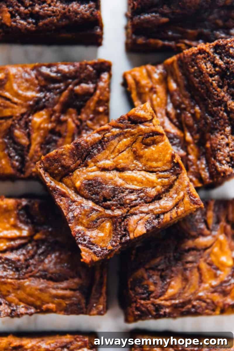 15 Irresistible Vegan Pumpkin Recipes for Fall 8 Overhead shot of vegan pumpkin cheesecake swirl brownies on a table, some cut into squares.