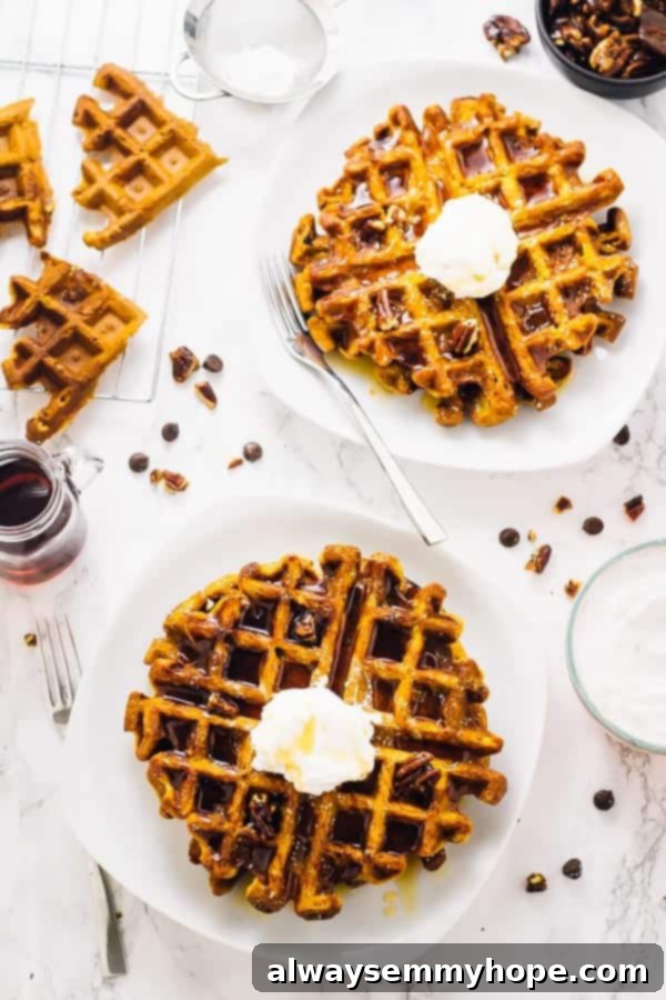 15 Irresistible Vegan Pumpkin Recipes for Fall 9 Overhead shot of gluten-free pumpkin waffles, covered in syrup and powdered sugar.