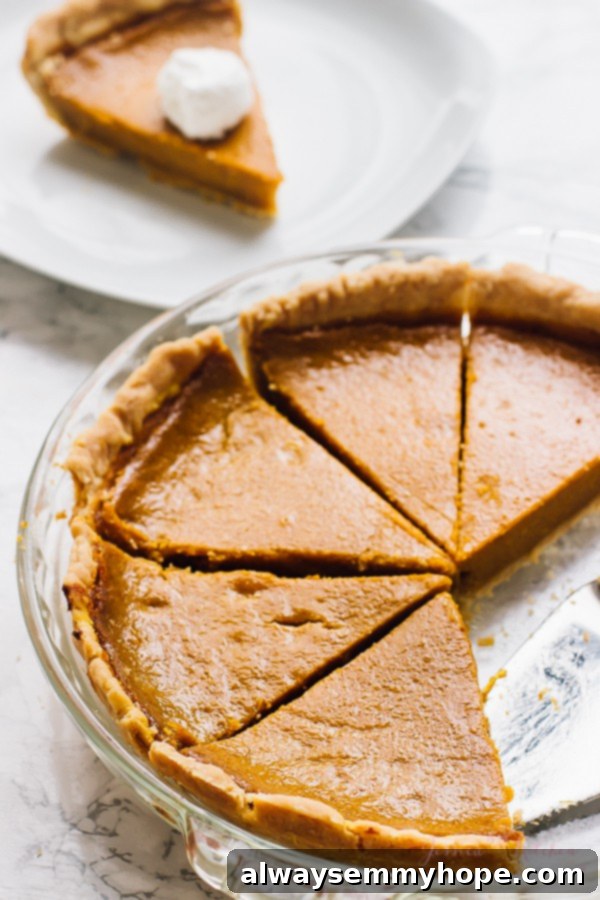 15 Irresistible Vegan Pumpkin Recipes for Fall 10 A sliced vegan pumpkin pie on a glass dish, showing the creamy filling.