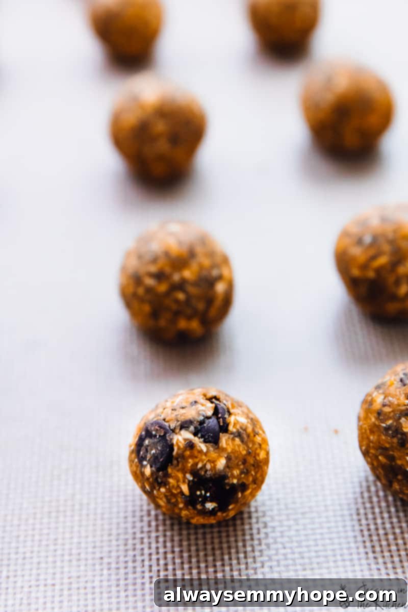 No-bake pumpkin protein balls take just 10 minutes to make! Vegan, gluten-free, and filled with spice. Perfect for breakfast or a snack! Rows of pumpkin protein balls on a baking sheet.