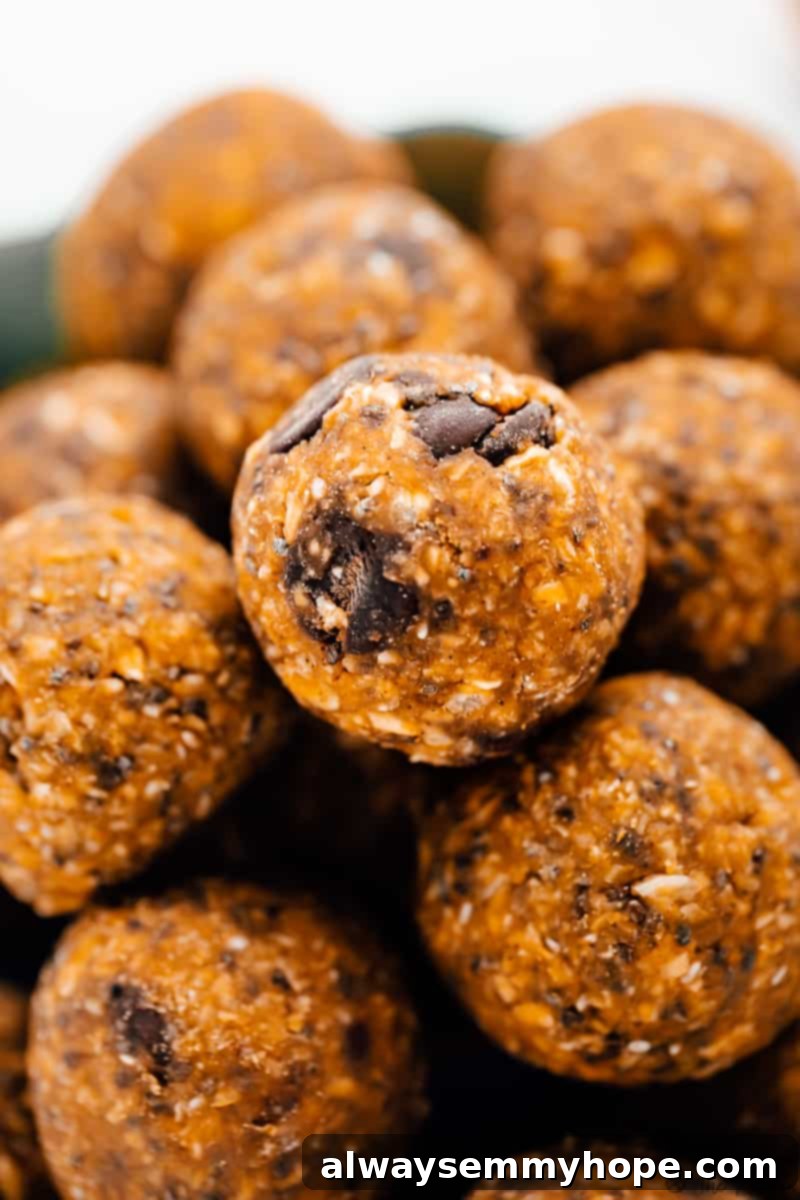No-bake pumpkin protein balls take just 10 minutes to make! Vegan, gluten-free, and filled with spice. Perfect for breakfast or a snack! Close up of a batch of pumpkin energy balls.