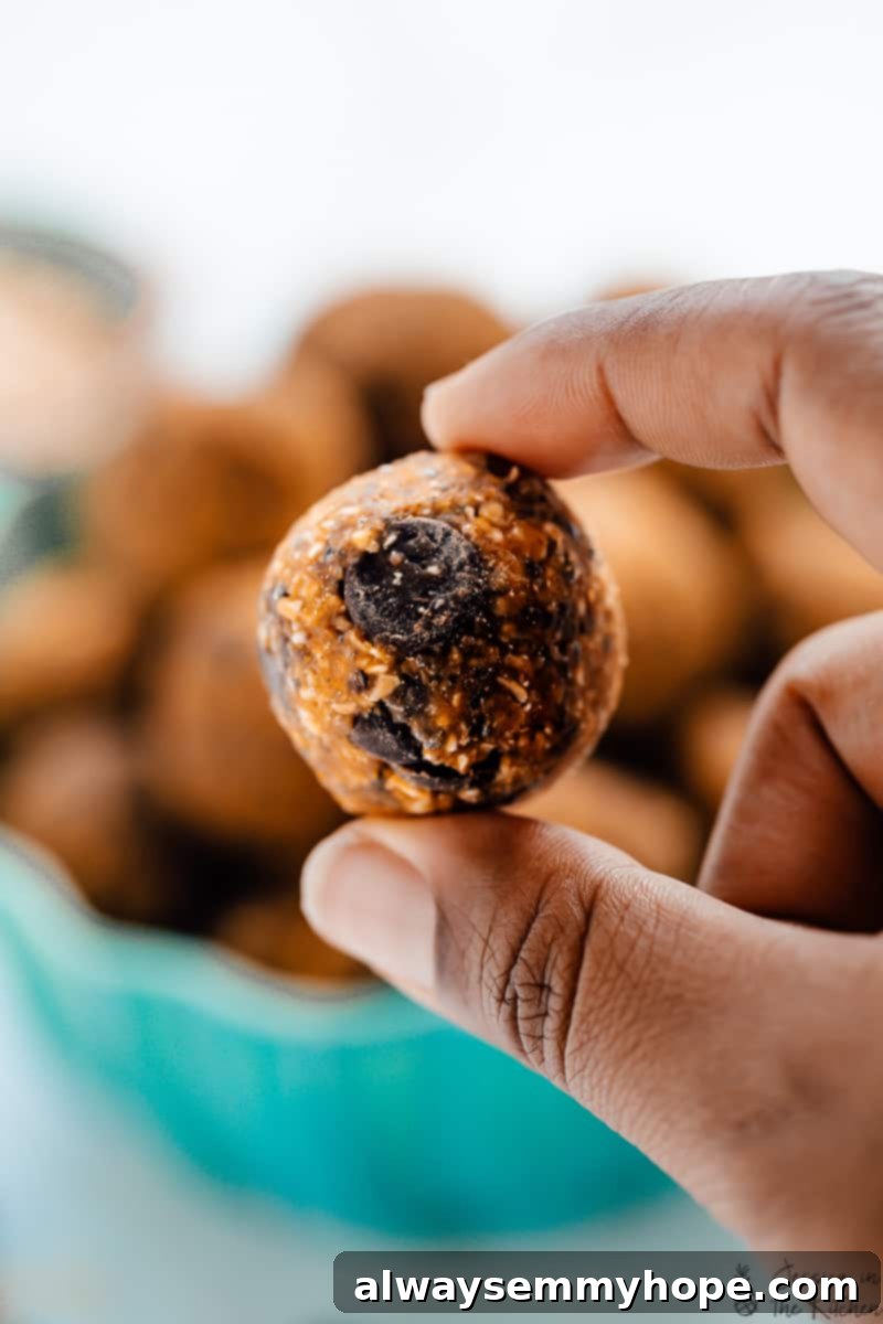No-bake pumpkin protein balls take just 10 minutes to make! Vegan, gluten-free, and filled with spice. Perfect for breakfast or a snack! A hand holding a no bake pumpkin protein ball with a bowl of pumpkin balls in the background.