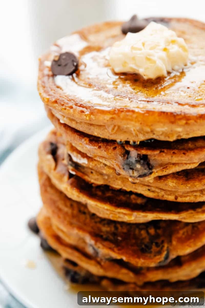 These pumpkin chocolate chip pancakes are prepped in 10 minutes! Made with pumpkin pie spice and pumpkin puree, they're perfect for fall. A stack of vegan pancakes on a plate, garnished with fresh berries and a sprig of mint.