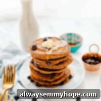 Vegan Pumpkin Chocolate Chip Pancakes 3 A stack of vegan chocolate chip pancakes on a plate.