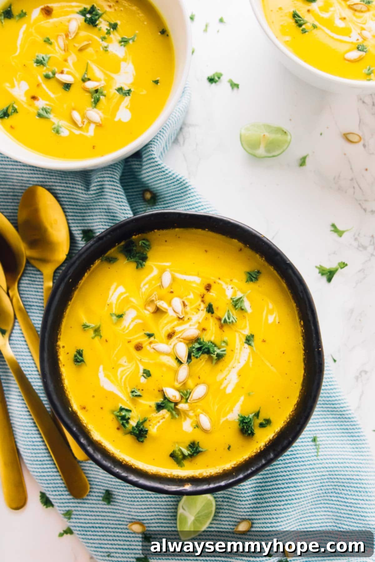 Top down view of vibrant vegan butternut squash soup served in three bowls, with gold spoons on the side.