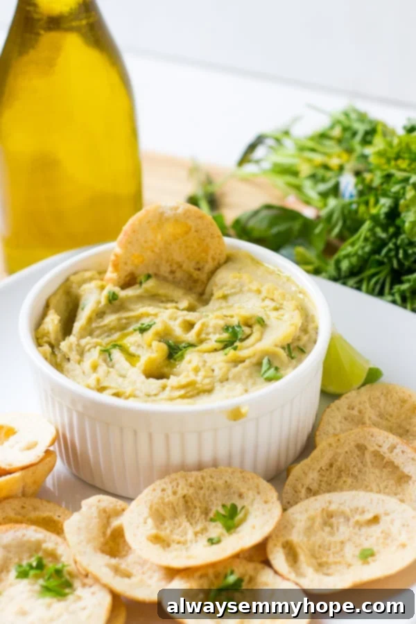 White bean dip presented in a small ramekin, surrounded by a variety of colorful chips.
