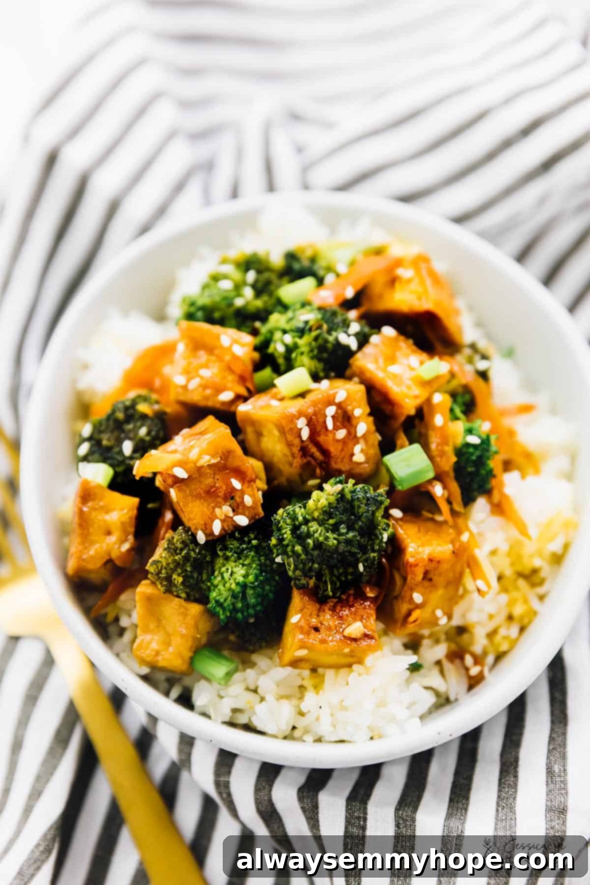 Crispy tofu and vibrant broccoli florets served over a bed of fluffy white rice.