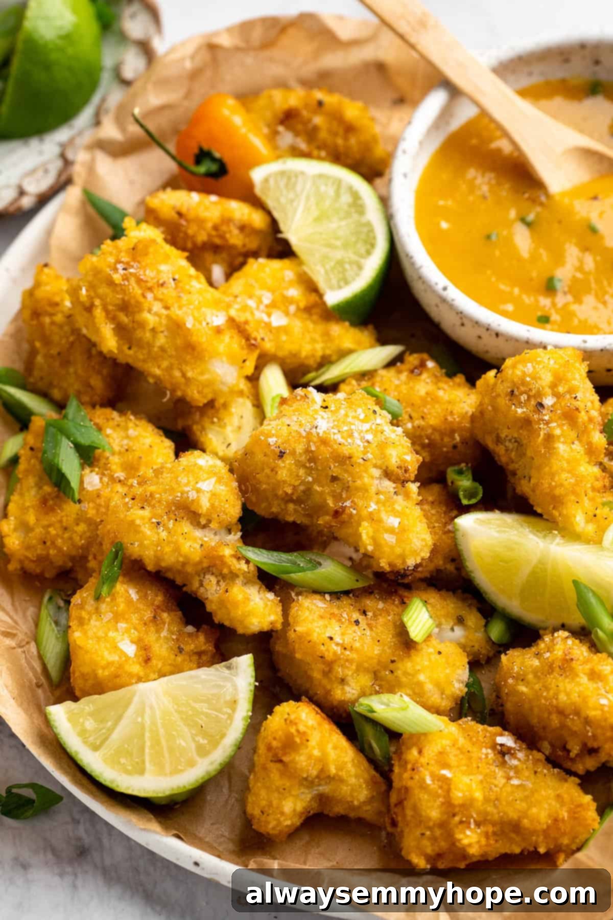 If you love your heat with a side of sweet, these mango habanero cauliflower wings will blow your tastebuds away. An easy crowd-pleaser! Mango habanero cauliflower wings in large serving bowl